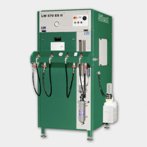 High-pressure air compressor system model LW 970 ES II by LW Americas, featuring multiple hoses and control panel, designed for efficient and quiet operation across various industries.