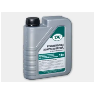 1-liter bottle of L&W synthetic compressor oil for high-pressure air compressors, featuring factory-certified German formulation for optimal lubrication and thermal stability.