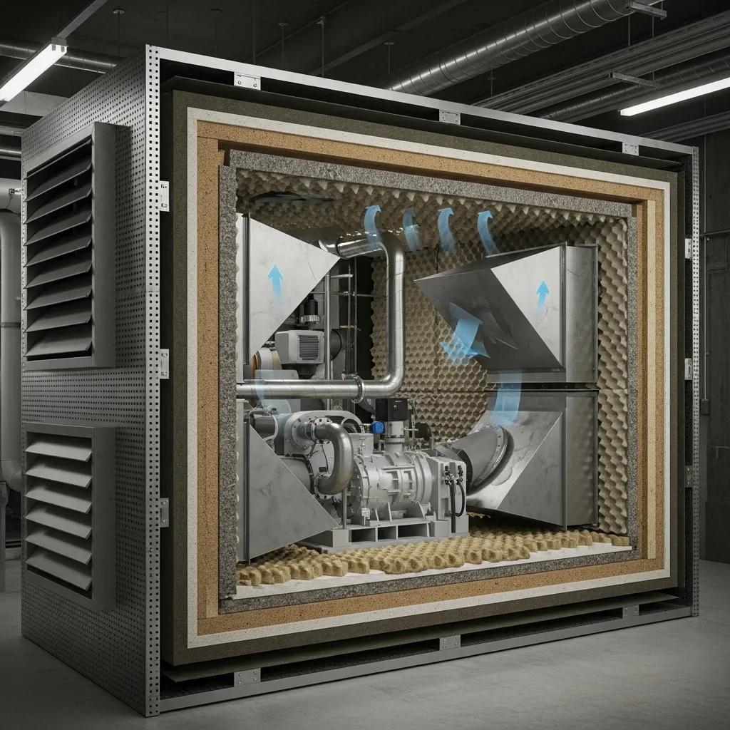 Acoustic enclosure around a high-pressure compressor demonstrating noise reduction features