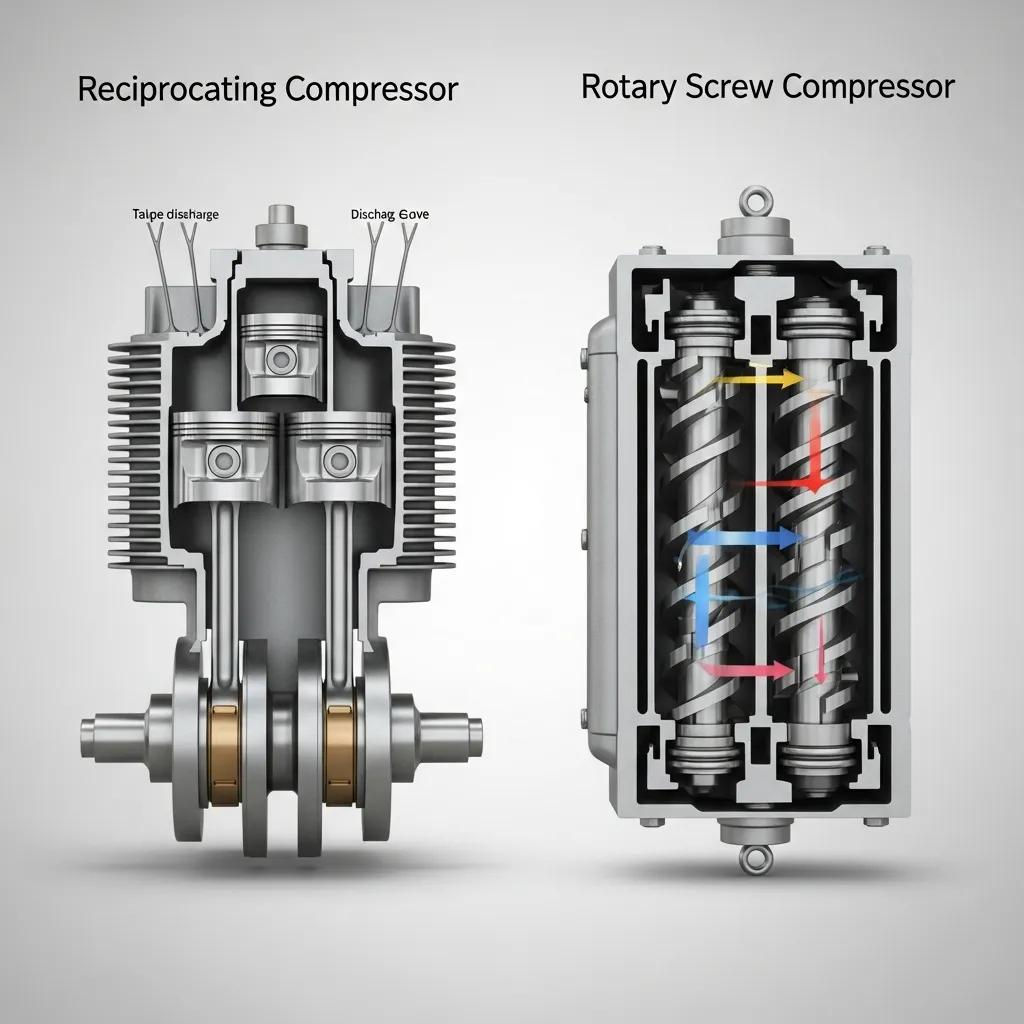 Comparison of reciprocating and rotary compressors, highlighting design differences and functionality
