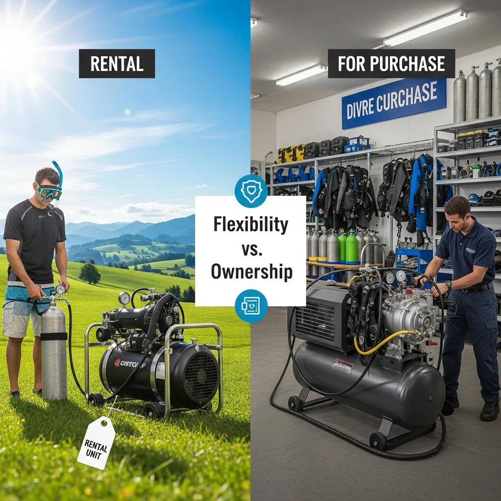 Comparison of rental portable dive compressor in a field and purchased stationary compressor in a dive shop, illustrating usage scenarios