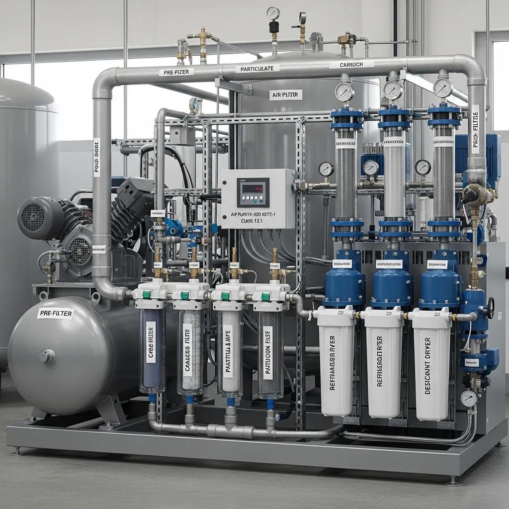 Compressed air system with visible filtration stages and air purity equipment