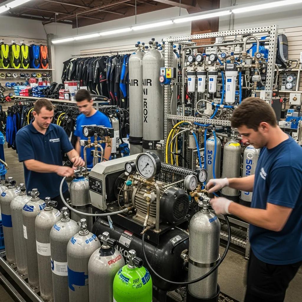 Continuous-duty dive compressor in a dive shop, staff filling scuba tanks, showcasing reliability and high throughput