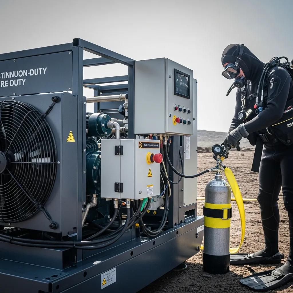 Continuous-duty high-pressure compressor in action, supporting a diver filling a scuba tank in a remote environment