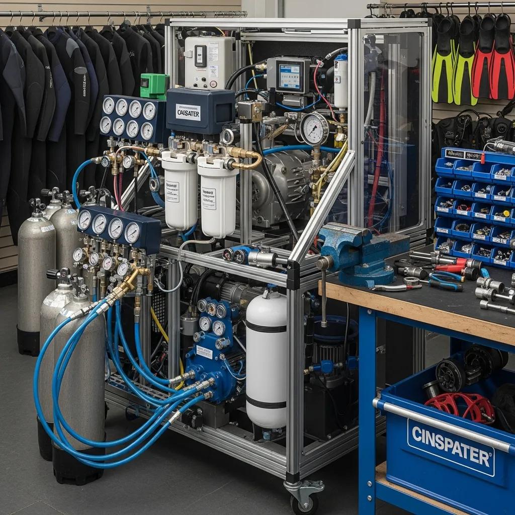 Custom high pressure compressor system tailored for diving applications, showcasing unique features