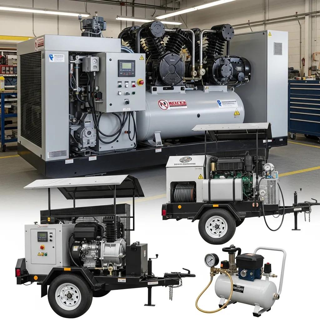 Different types of high-pressure air compressors for SCBA fill stations, including stationary and mobile units