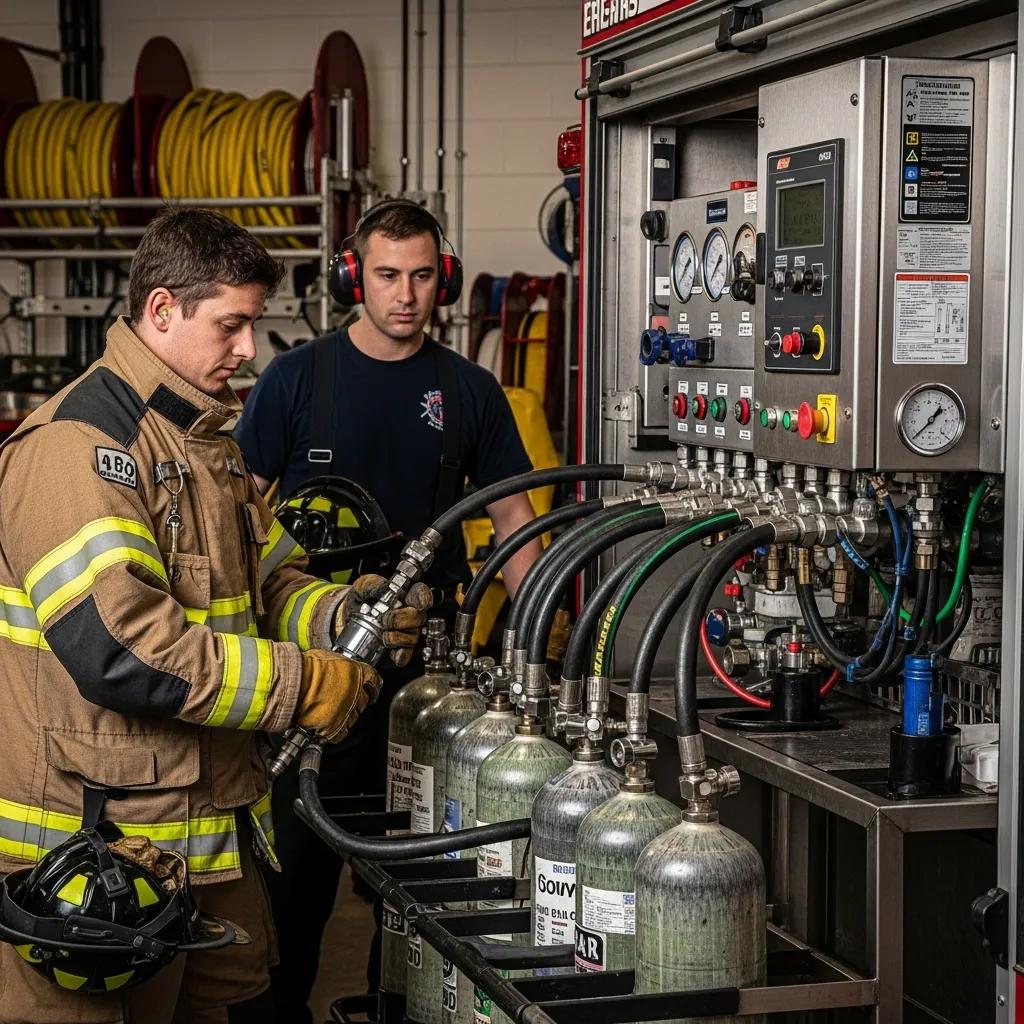 Firefighters operating an SCBA fill station, filling SCBA cylinders for safety and readiness