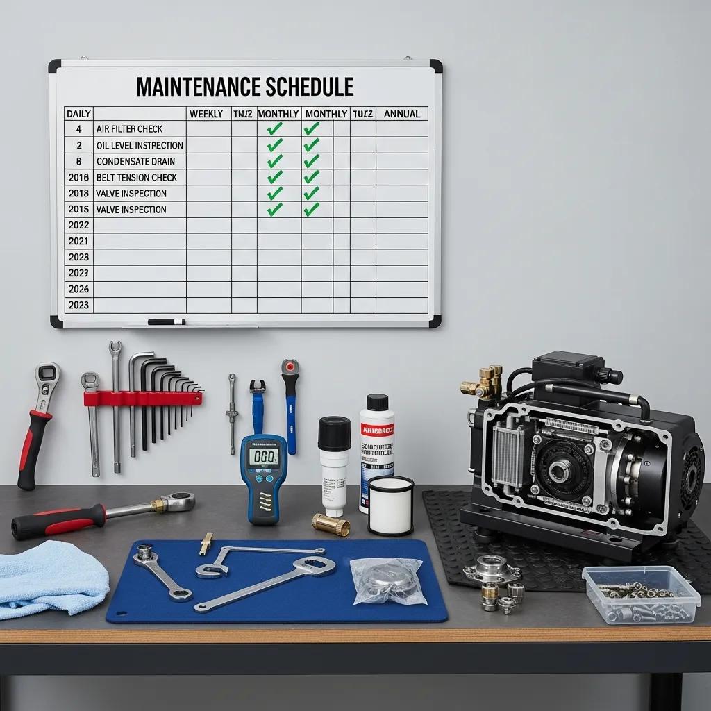 Maintenance tools and schedule for scuba tank compressors, emphasizing effective service practices