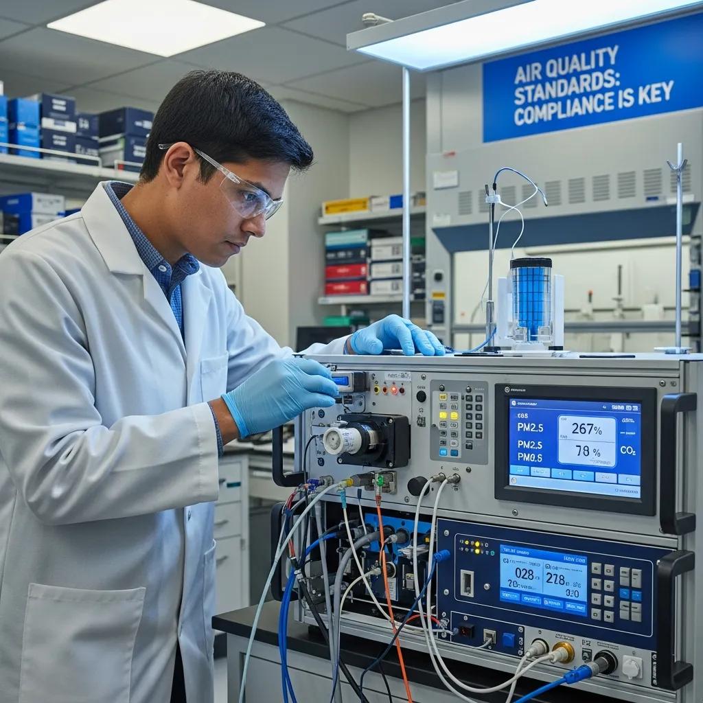 Technician inspecting air quality monitoring equipment in a laboratory