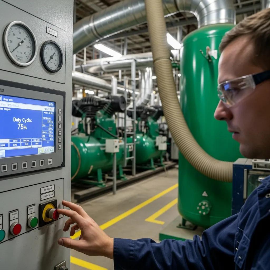 Technician monitoring compressor duty cycle in an industrial environment