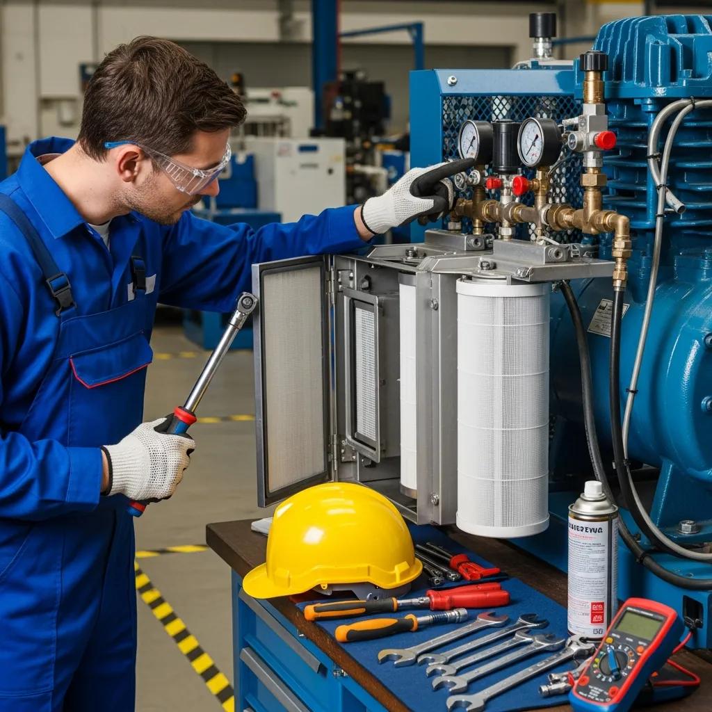 Technician performing maintenance on a high pressure air compressor, emphasizing safety and best practices