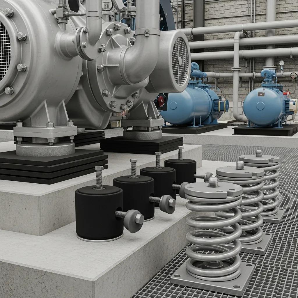 Vibration isolation solutions for industrial compressors displayed in an industrial setting