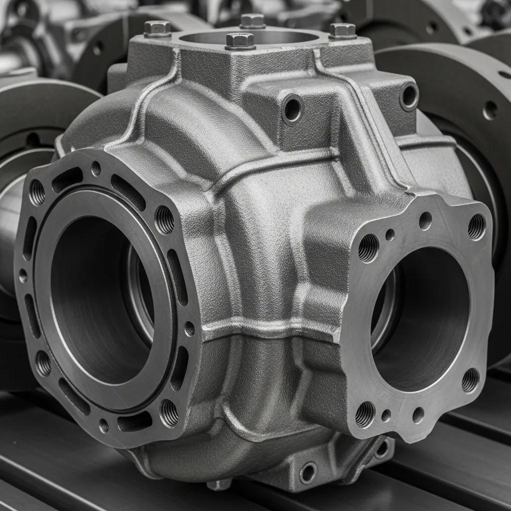 Close-up of a one-piece cast block design of an L&W compressor, emphasizing robust construction and mechanical integrity