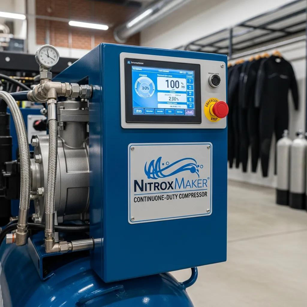Close-up of NitroxMaker Continuous-Duty Compressor showcasing its advanced features in a dive center