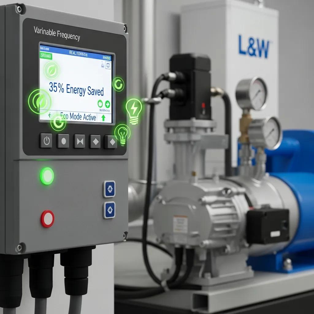 Close-up of Variable Frequency Drive in L&W compressor system demonstrating energy efficiency