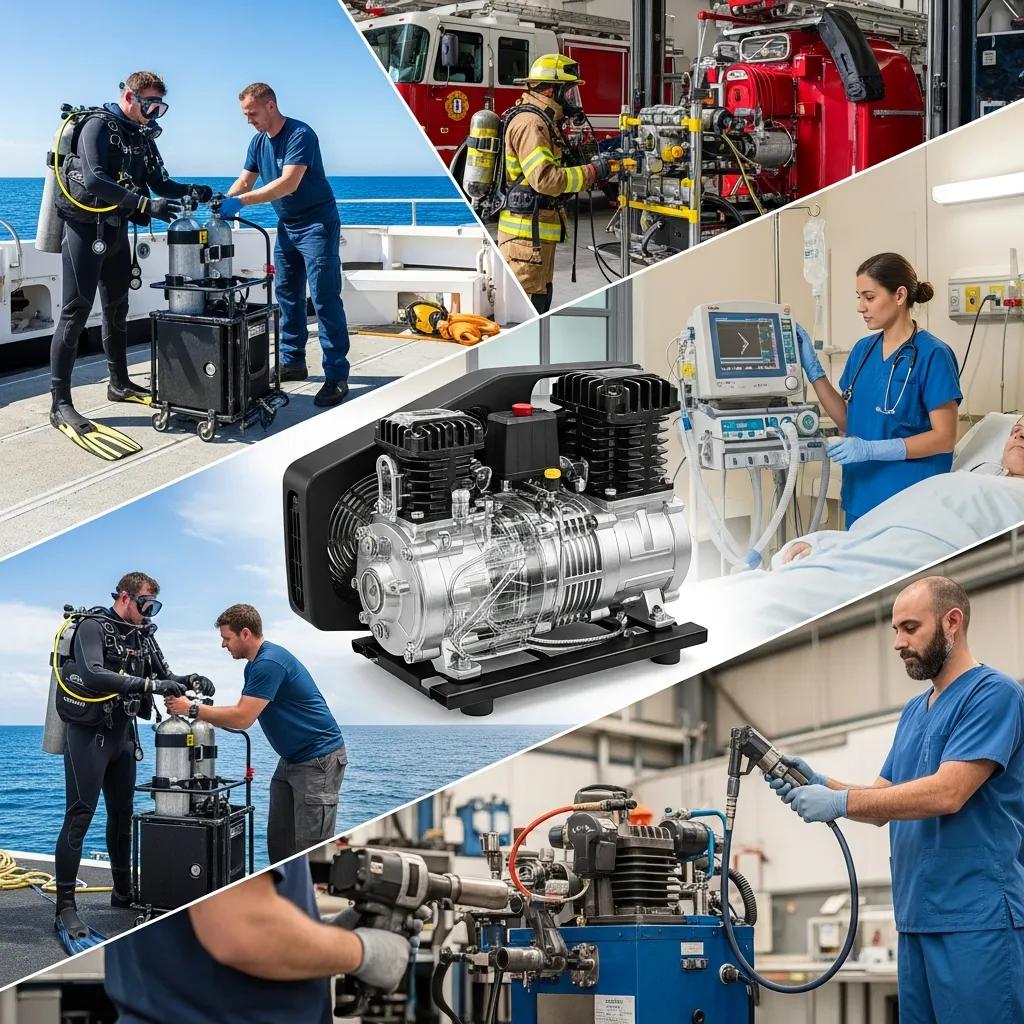 Collage of industries benefiting from high-pressure air compressors including diving, firefighting, and medical applications