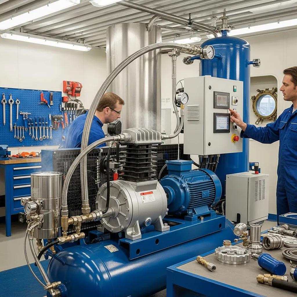 Continuous-duty high-pressure air compressor in operation, showcasing advanced technology and durability