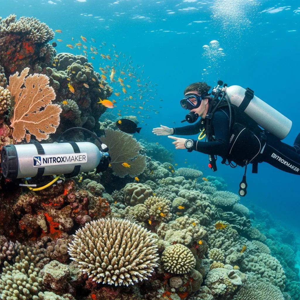 Diver exploring a coral reef with extended bottom time using NitroxMaker enriched air
