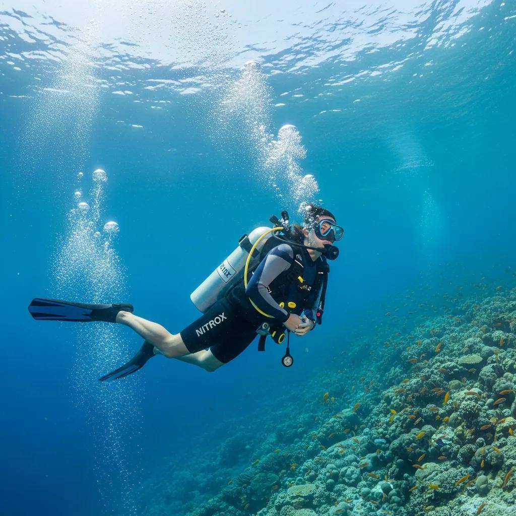 Diver safely ascending with a nitrox tank, illustrating the safety benefits of nitrox in diving