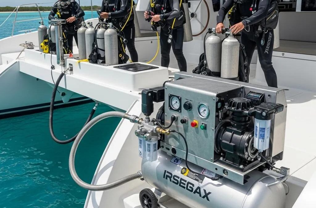 High-pressure air compressor for diving in a marine setting, emphasizing reliability and safety