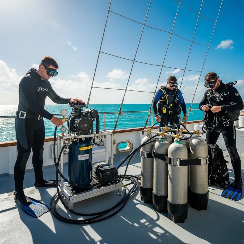 High-pressure breathing air system in use on a yacht with crew members preparing for a dive