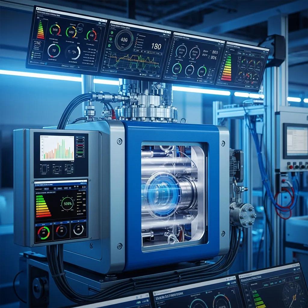 High-pressure compressor in operation with digital monitoring screens, highlighting performance optimization
