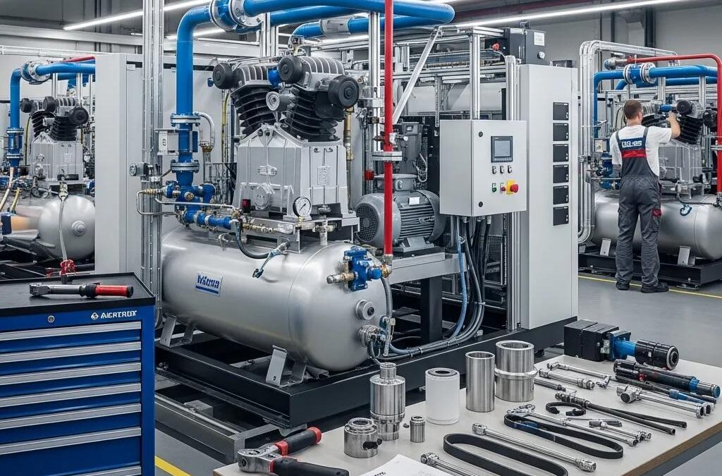 Industrial compressor system in a factory setting, emphasizing maintenance and longevity