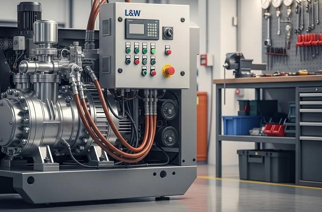 L&W high-pressure compressor in an industrial setting, showcasing advanced technology and robust design