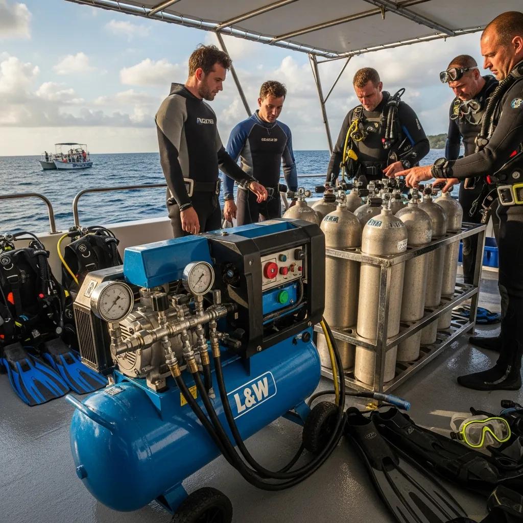 L&W scuba compressor filling tanks on a dive boat, illustrating continuous-duty operation and reliability for divers