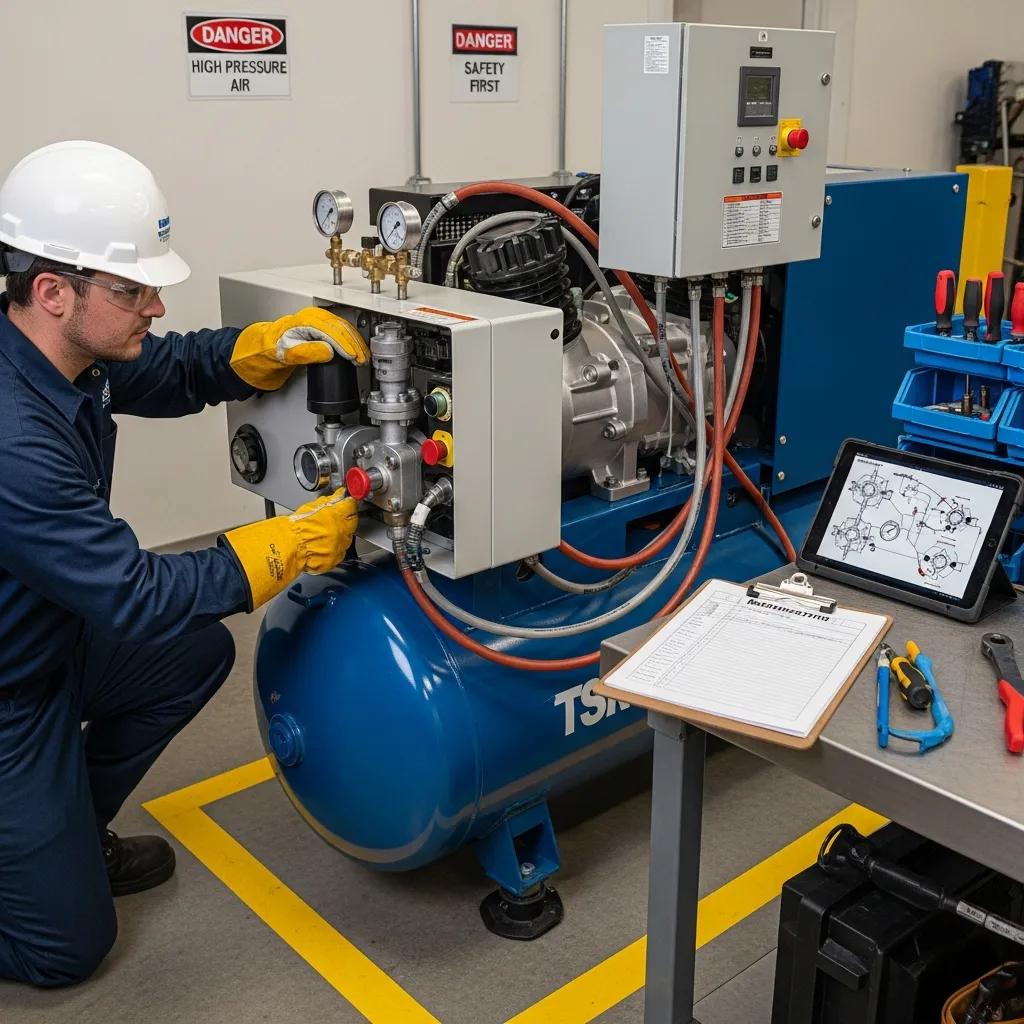 Safety inspection of a breathing air compressor with technician in safety gear