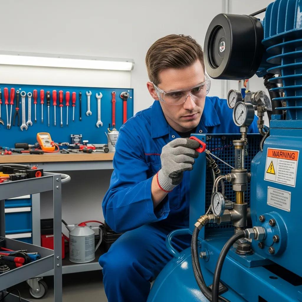 Technician checking oil levels in a high-pressure compressor during preventive maintenance