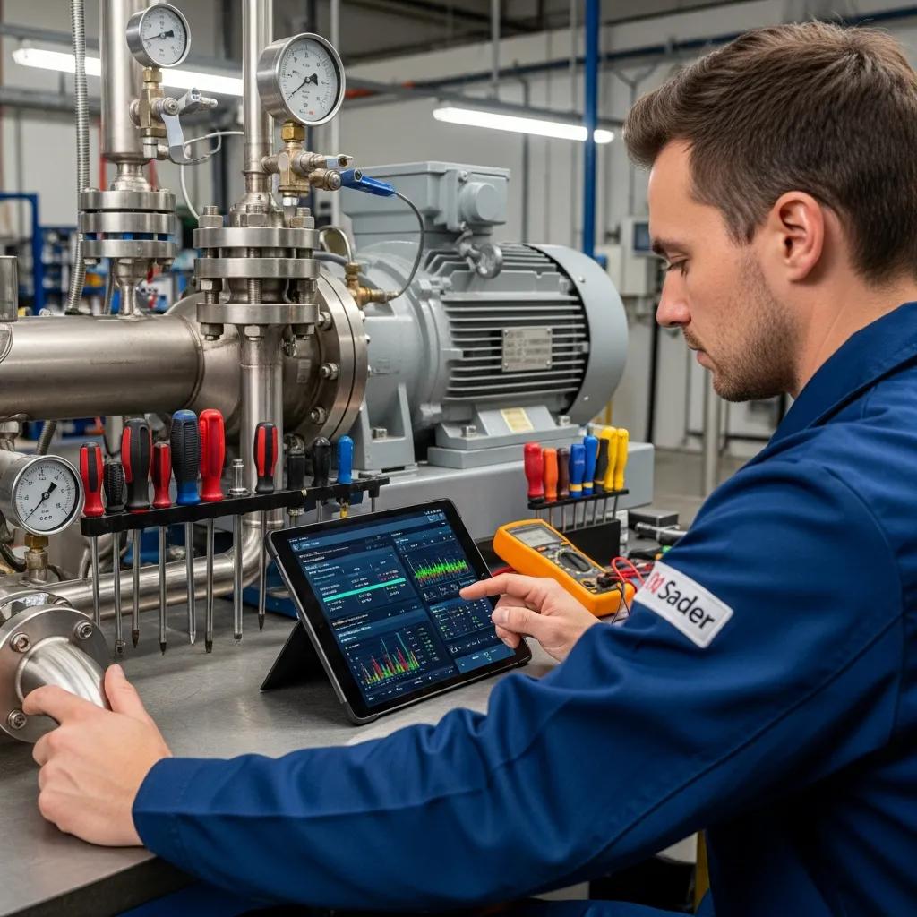 Technician evaluating a compressor system with a tablet in a technical environment