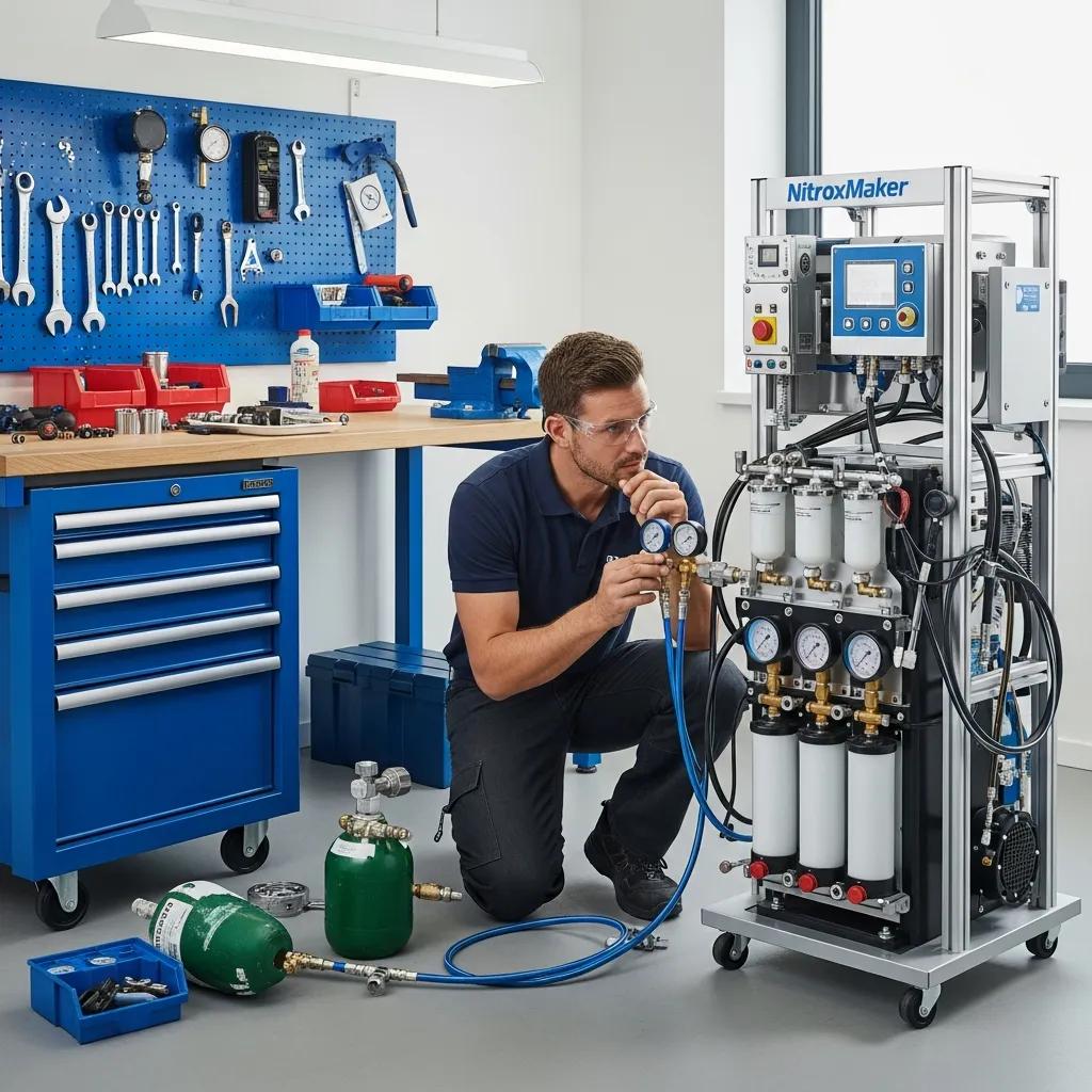 Technician maintaining a NitroxMaker system, highlighting maintenance requirements for reliability and longevity