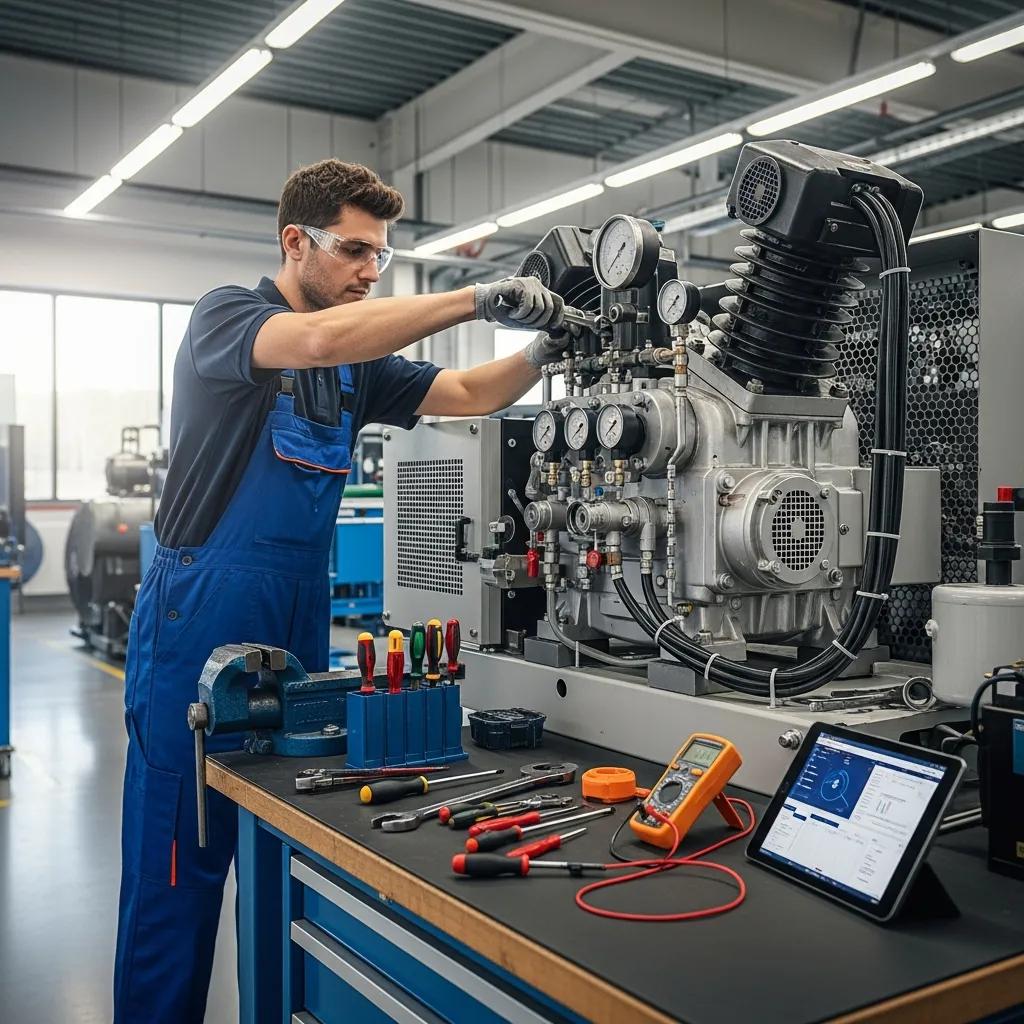 Technician performing maintenance on a high-pressure compressor for energy efficiency