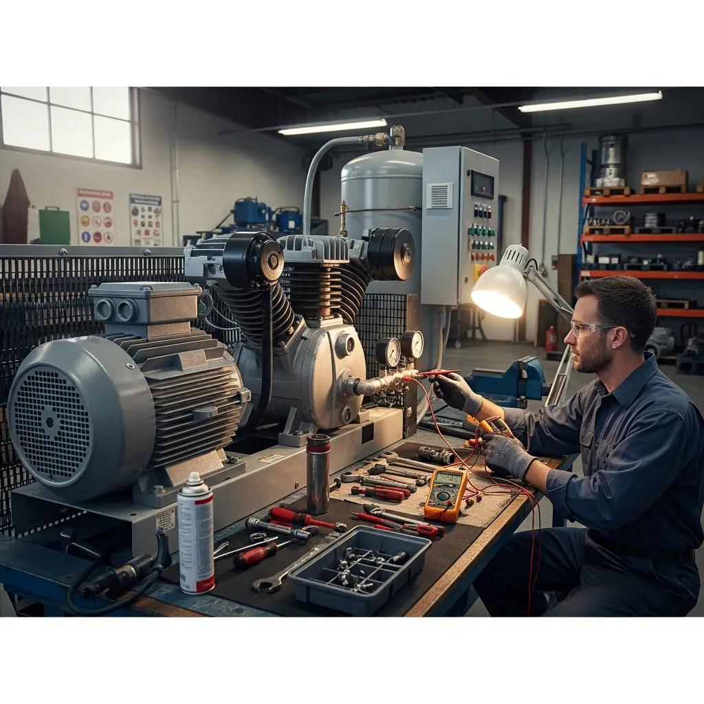 Technician performing maintenance on an industrial air compressor in a workshop