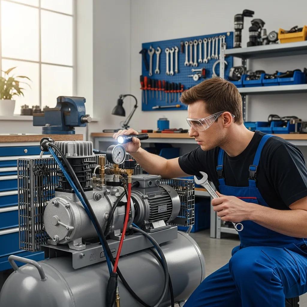 Technician performing routine maintenance on a breathing air compressor