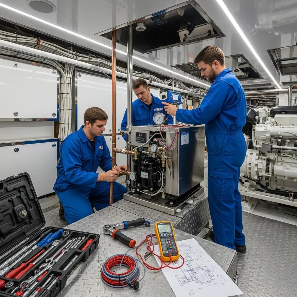 Technicians installing a yacht compressor system in a yacht's interior