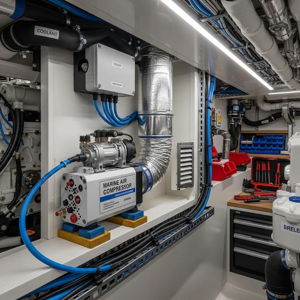 Yacht compressor installation in a confined engine room space